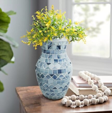 Handmade mosaic glass flower vase featuring a striking silver face design, ideal for enhancing home décor, as a centerpiece, or a thoughtful gift